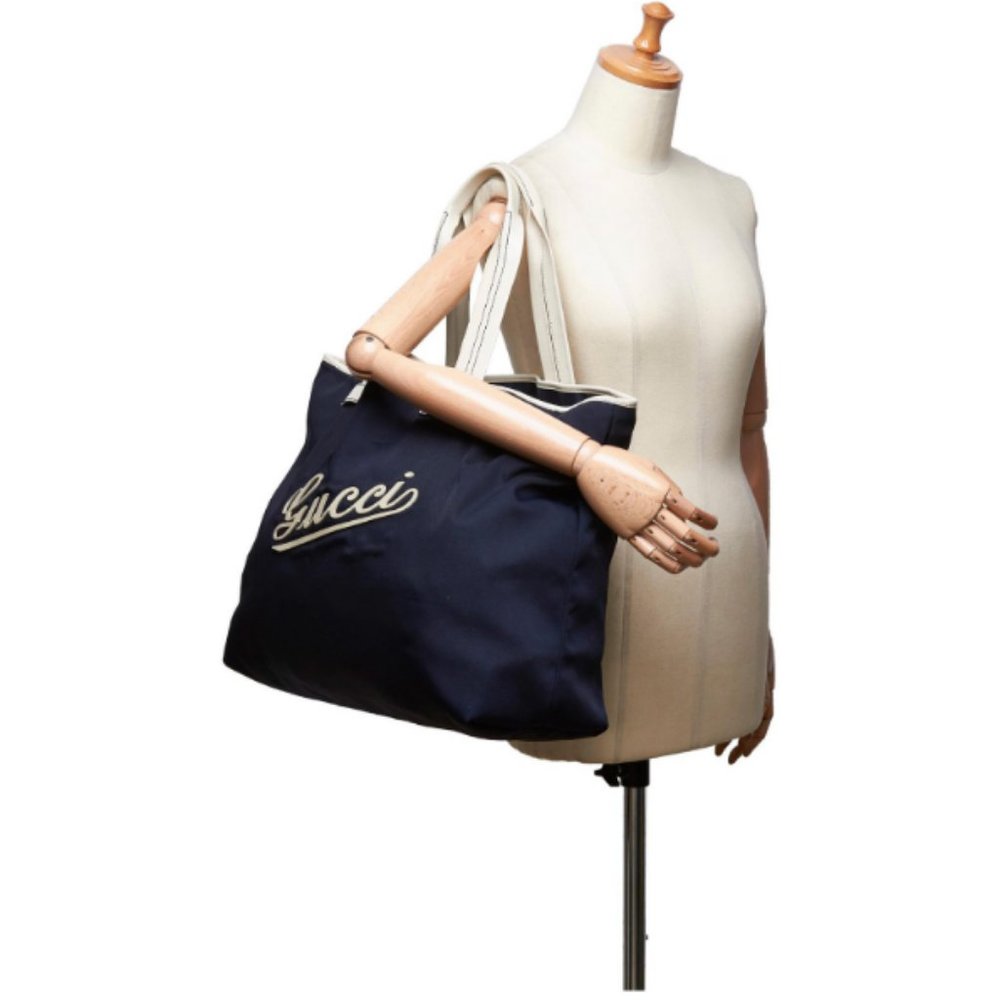 Gucci White Printed Logo Nylon Tote Navy